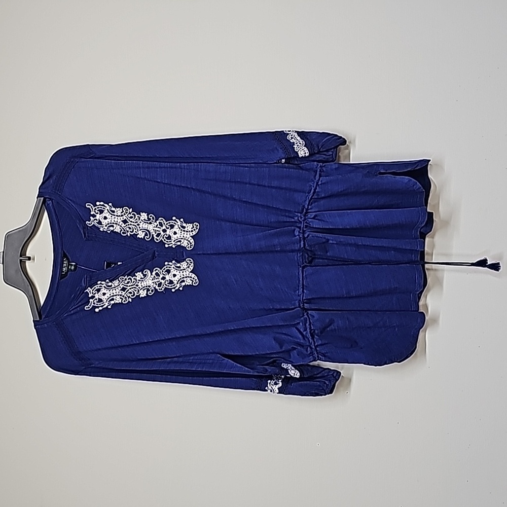 Lauren Ralph Lauren slub yarn embroidry top with drawstring waist blue white, 3X